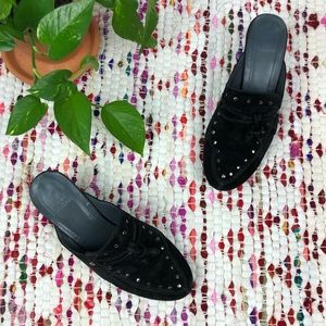 Stuart Weitzman Black Suede Studded Tassel Mules